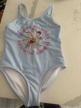 Tommy Hilfiger Light Blue and White Striped Sequin Daisy Swimsuit